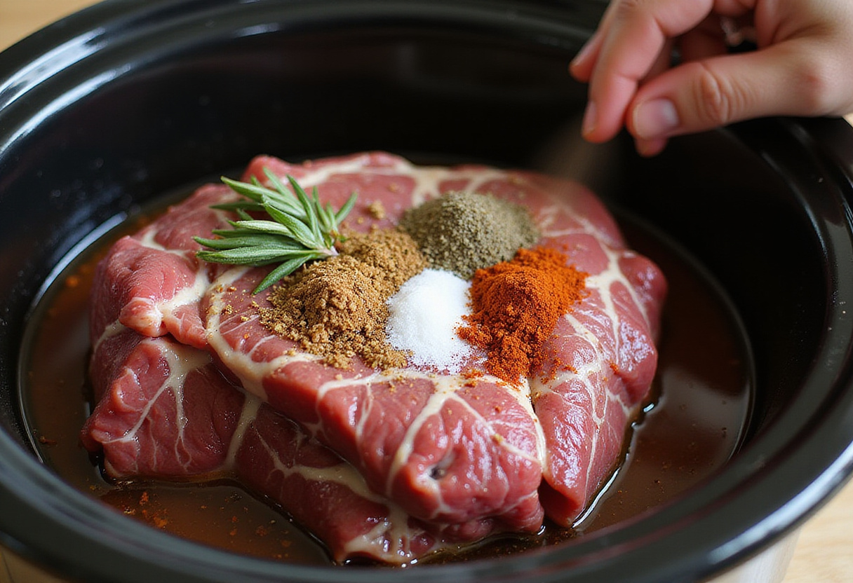 Seasoning beef shoulder roast in crockpot with herbs and spices.