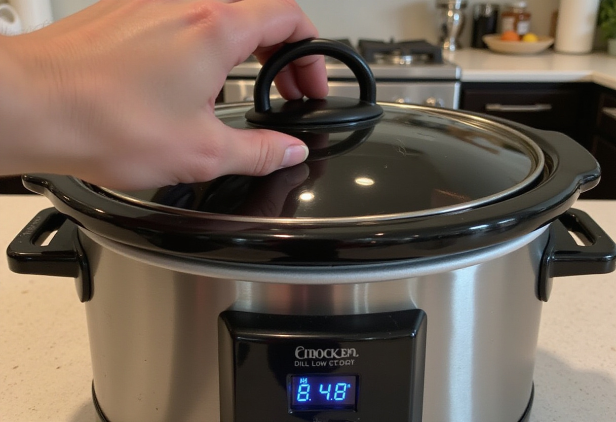 Beef shoulder roast cooking in a crockpot.