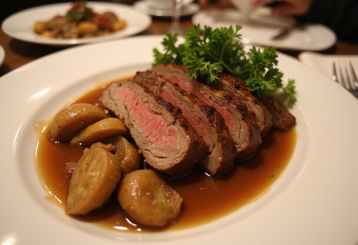 Deliciously cooked beef shoulder roast with vegetables and gravy.