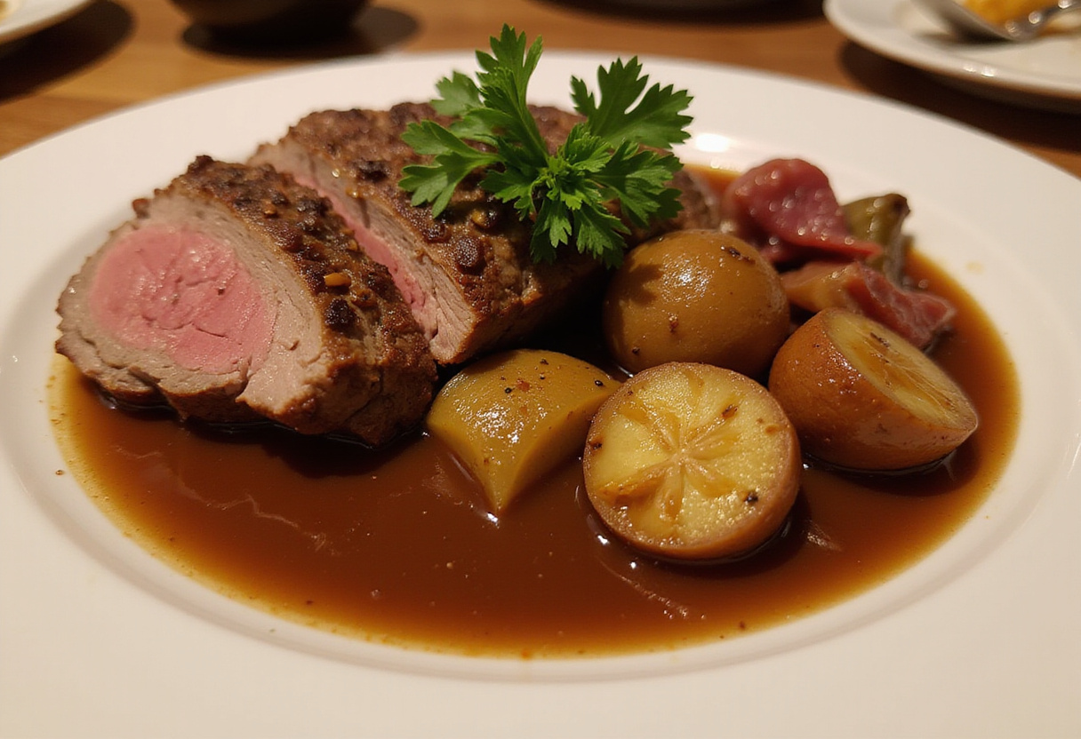 Deliciously cooked beef shoulder roast with vegetables and gravy.