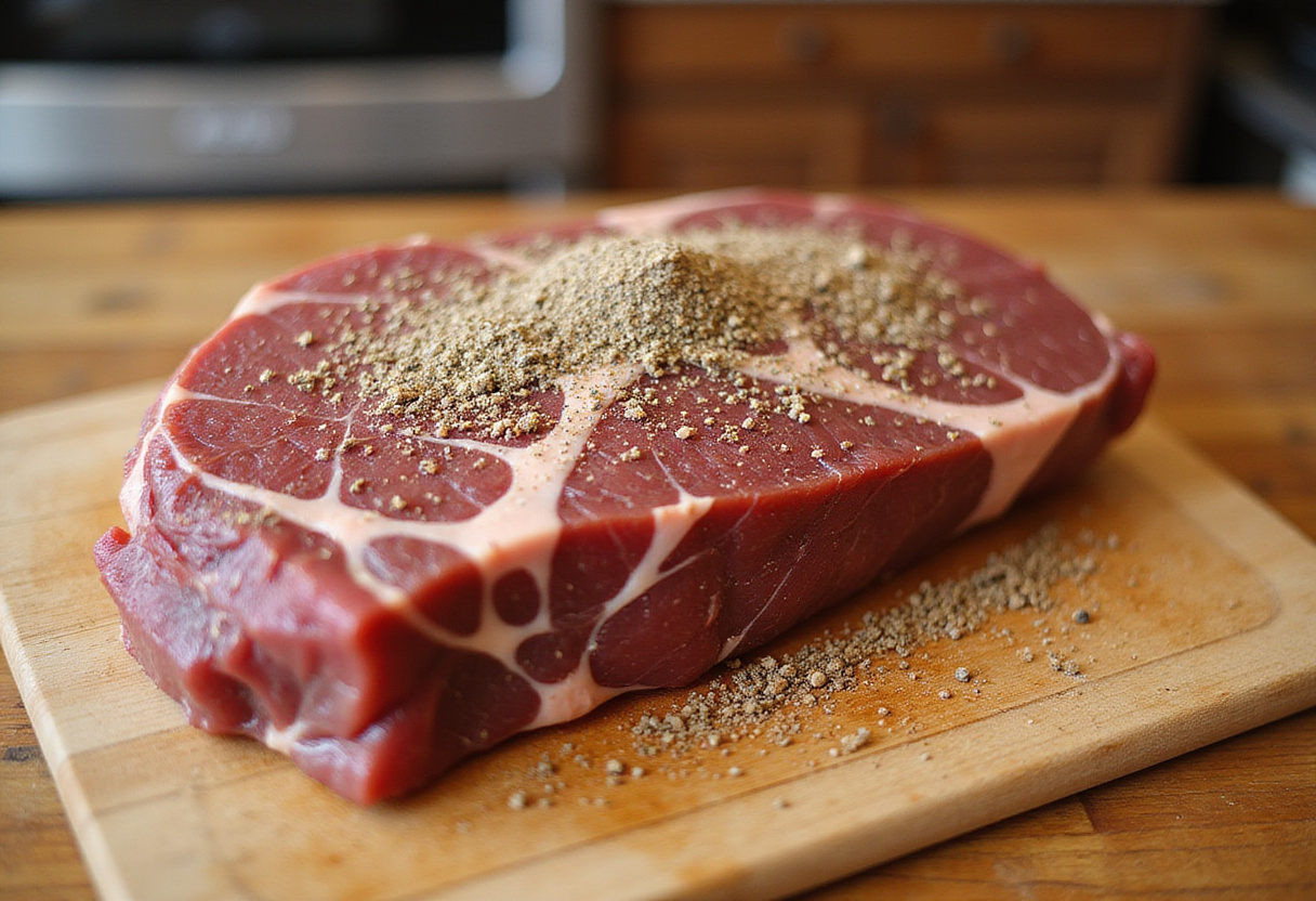 Seasoning beef shoulder roast for cooking.