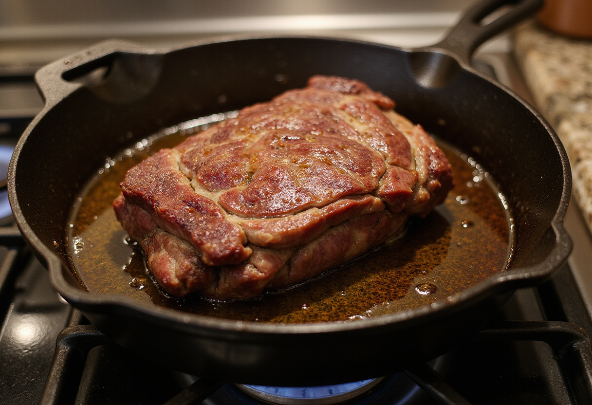 Searing a beef shoulder roast in a skillet to lock in flavors.