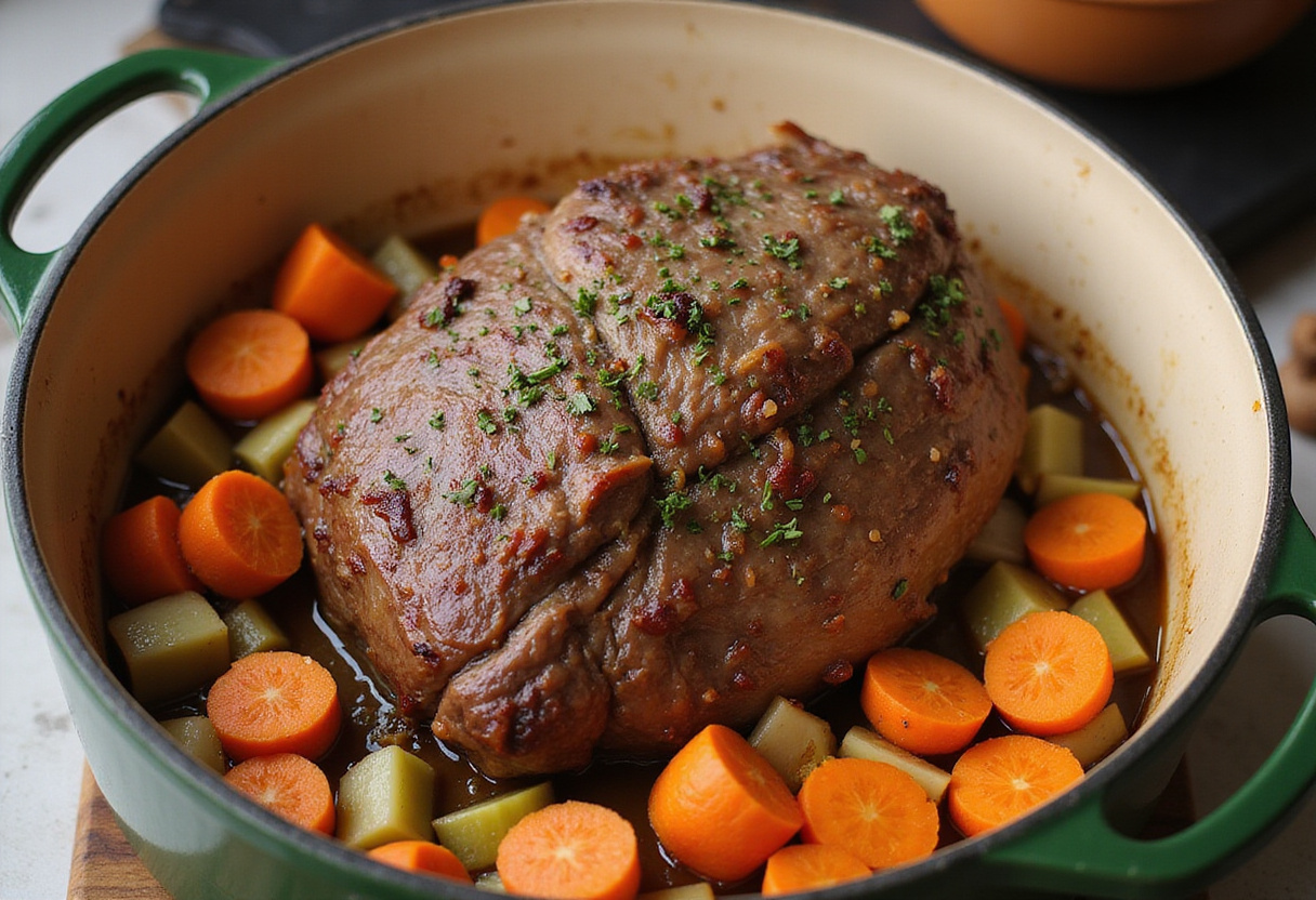 Beef shoulder roast with vegetables in a Dutch oven for braising.