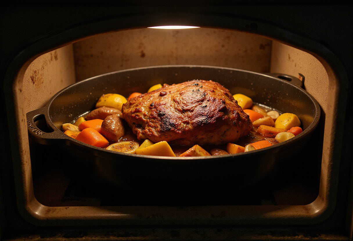 Braising beef shoulder roast in a Dutch oven inside the oven.