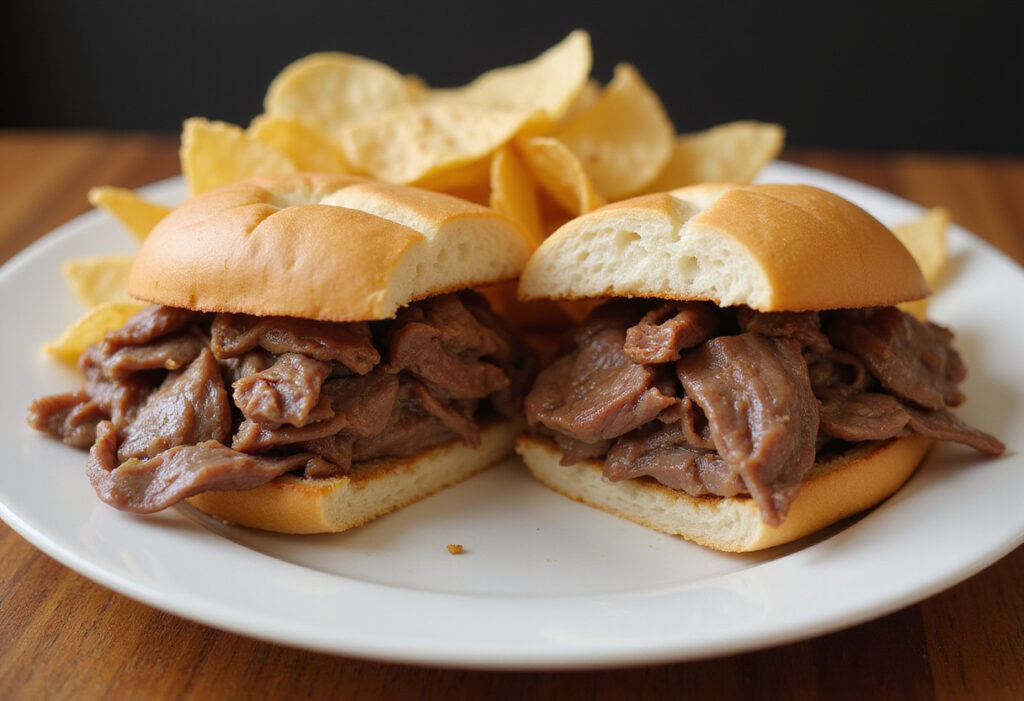 Finished shaved beef sandwich with melted cheese and potato chips on a wooden table.