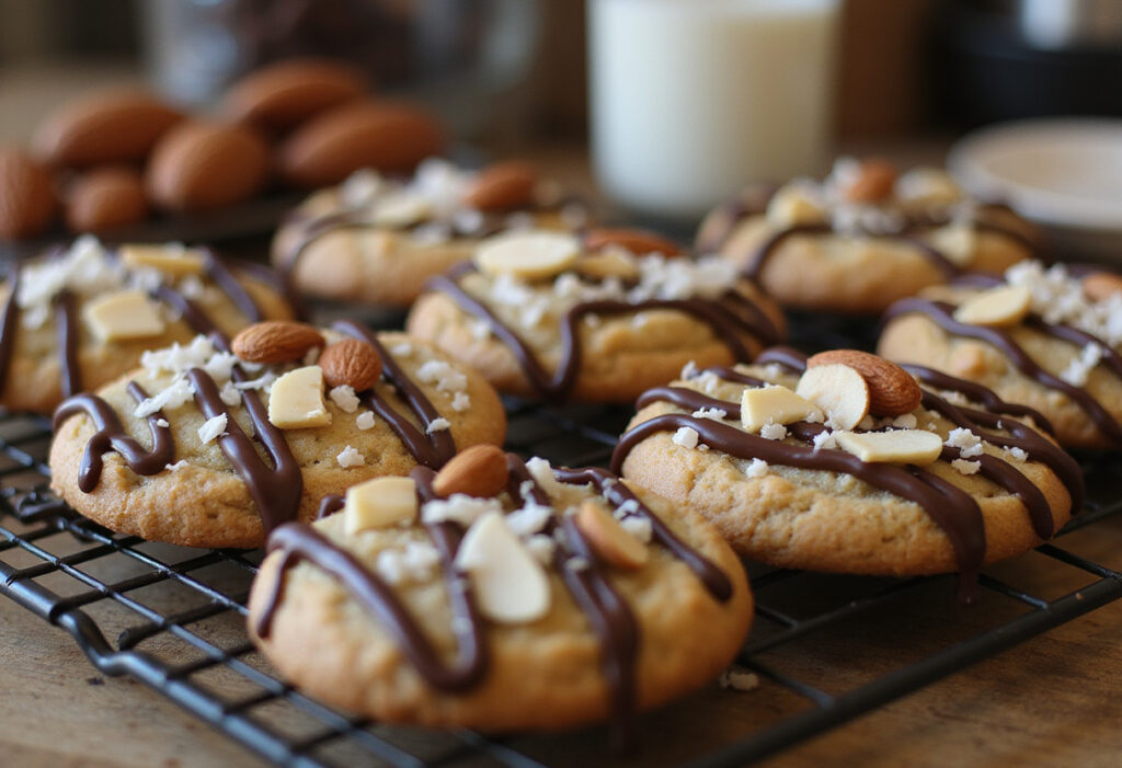 Delicious Almond Joy cookies with chocolate, almonds, and coconut, ready to serve.