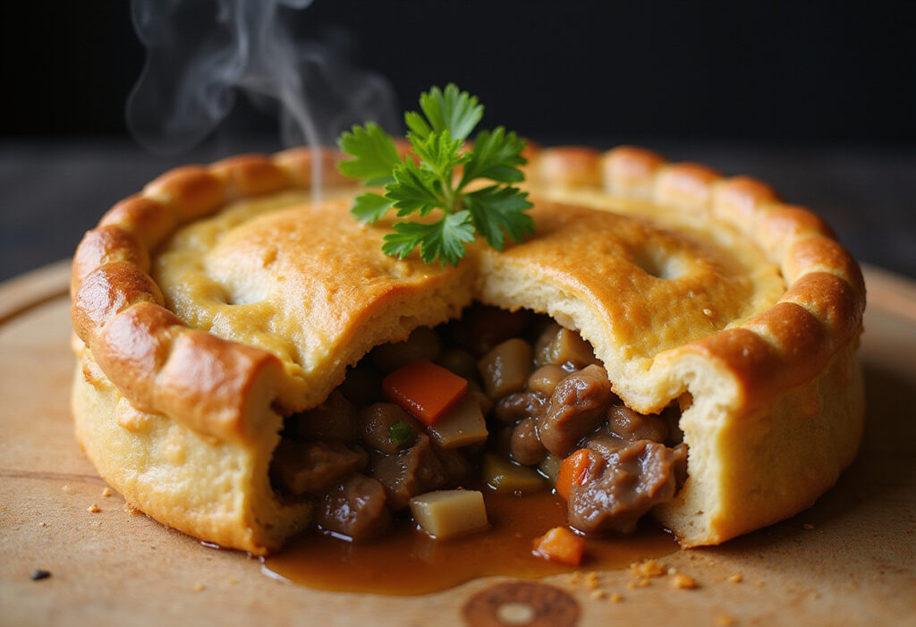 Delicious homemade Beef Pot Pie with golden crust, ready to serve.