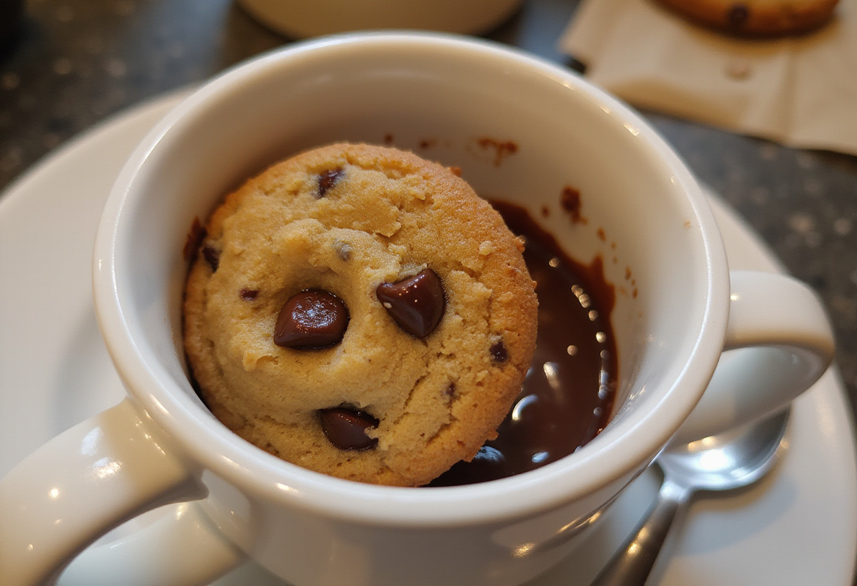 Delicious cookie in a mug with melted chocolate chips.