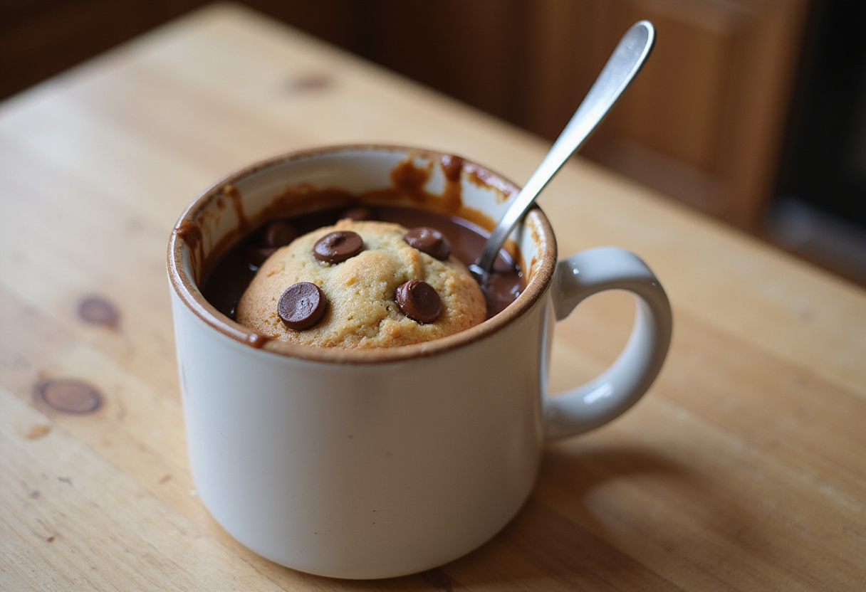 Delicious cookie in a mug with melted chocolate chips.