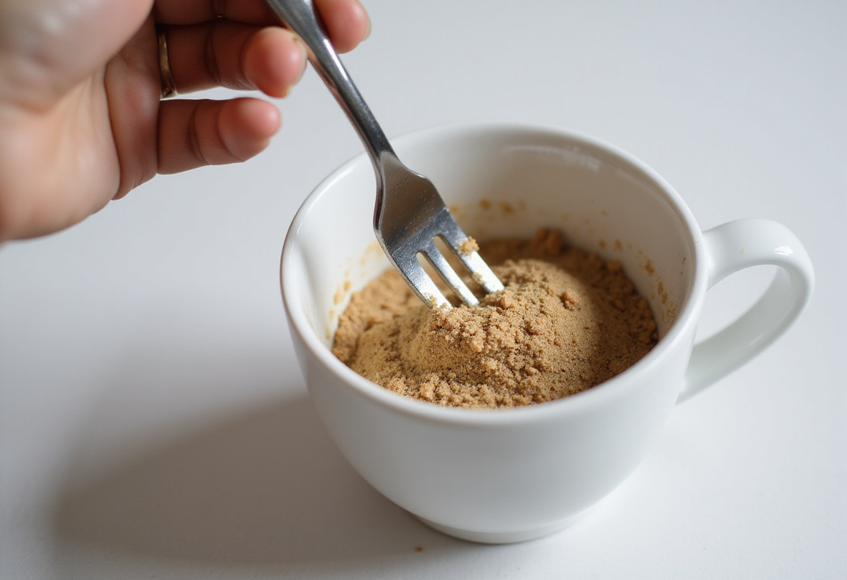 Dry ingredients being mixed in a mug for a quick cookie.