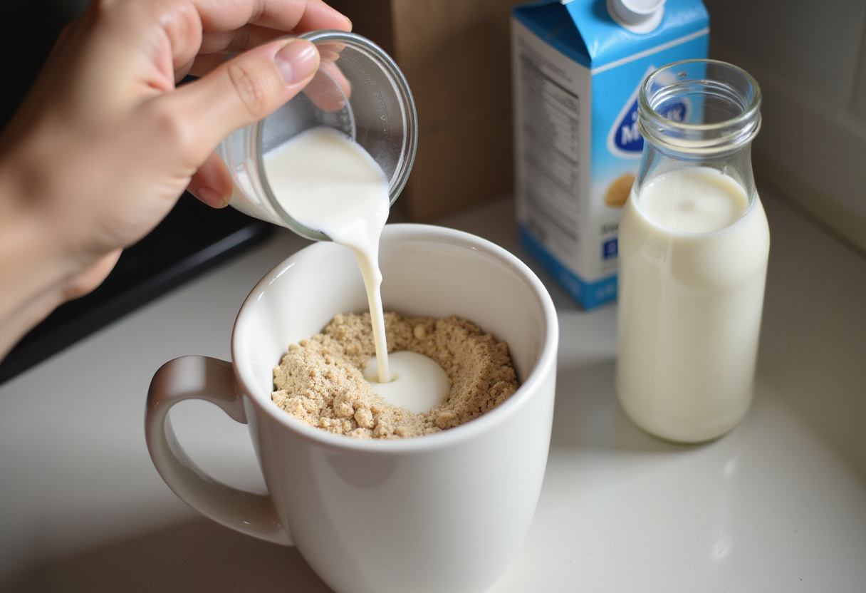 Adding milk to dry ingredients inside a mug to make a cookie.