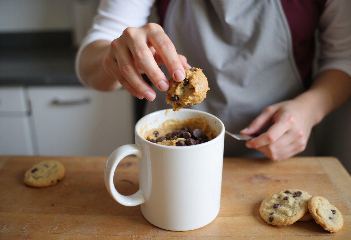 Chocolate chips being stirred into cookie dough in a mug.