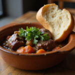 Delicious beef shank stew served in a bowl with bread, ready to eat.