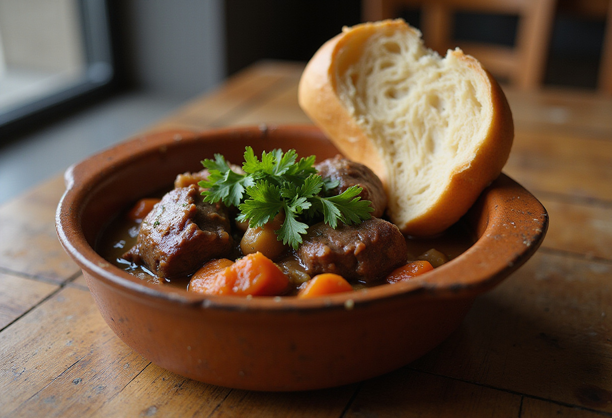 Delicious beef shank stew served in a bowl with bread, ready to eat.