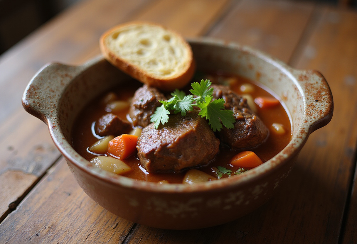Delicious beef shank stew served in a bowl with bread, ready to eat.