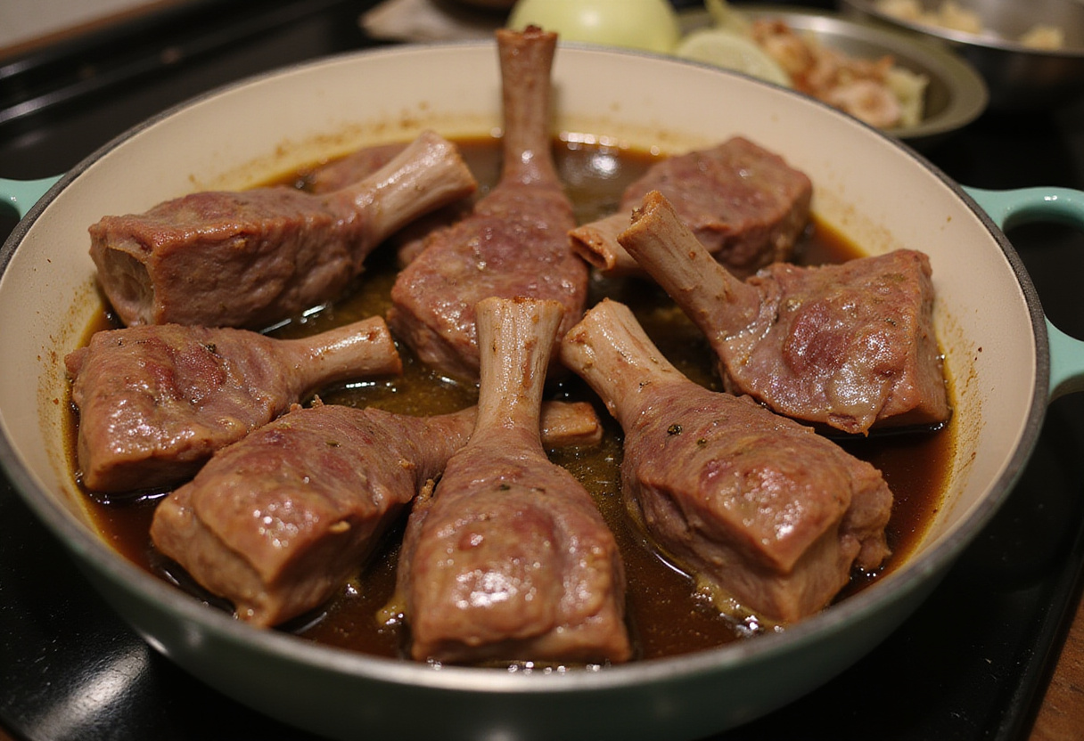 Browning beef shanks in a pot for beef shank stew recipe.
