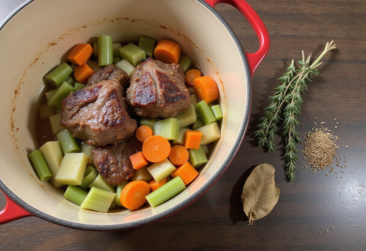Adding carrots and celery to beef shanks for beef shank stew.