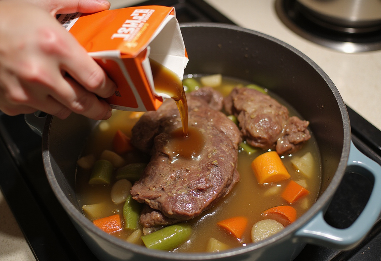 Pouring beef broth into pot for beef shank stew.