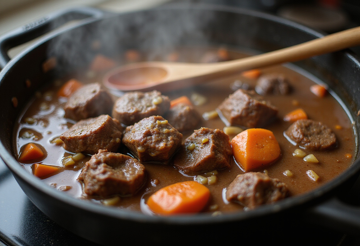 Beef shank stew simmering on the stove.