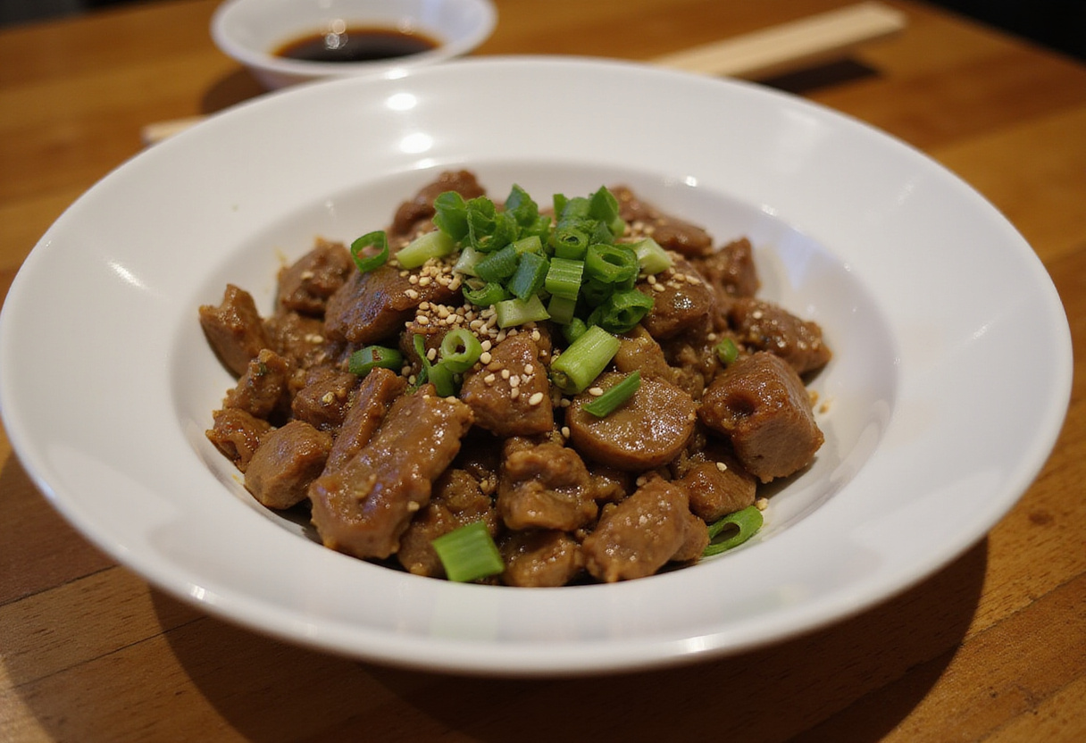 Finished keto beef mince stir-fry garnished with sesame seeds and green onions.