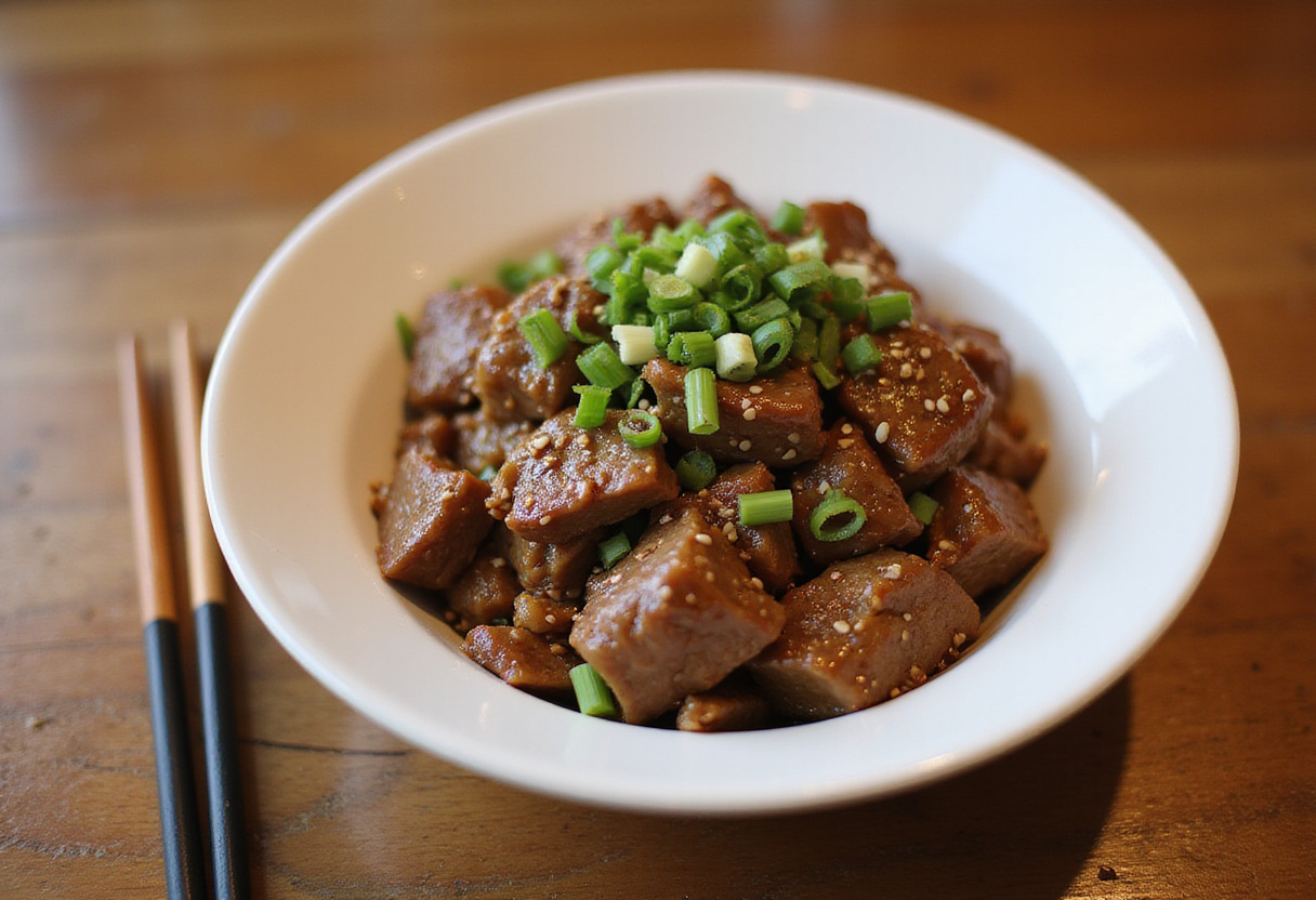Finished keto beef mince stir-fry garnished with sesame seeds and green onions.