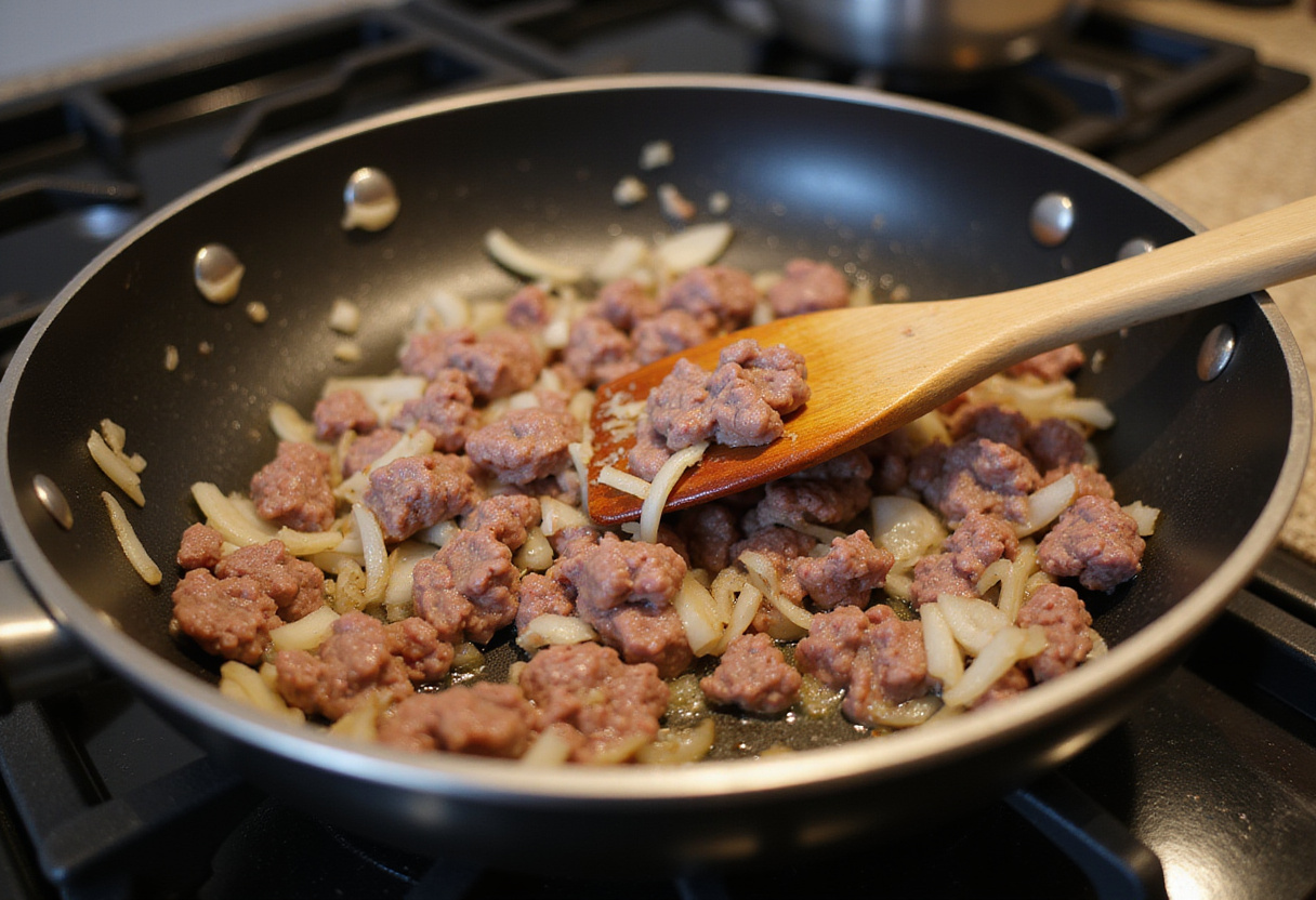 Browning beef mince and onions in a skillet for keto beef mince stir-fry.