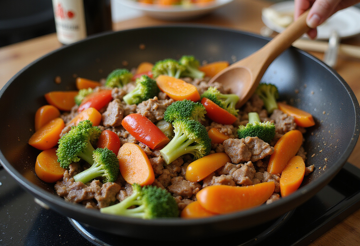 Adding colorful vegetables to keto beef mince stir-fry.