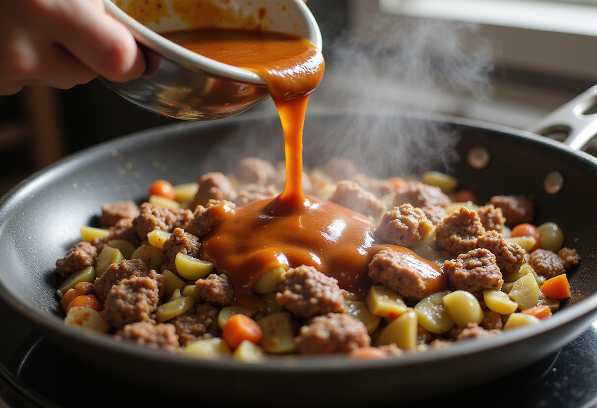 Adding sauce to keto beef mince and vegetables stir-fry.