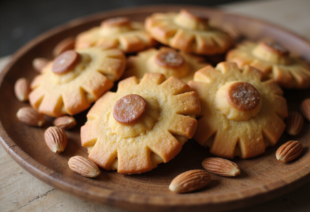 Finished traditional pignoli cookies on a serving platter.