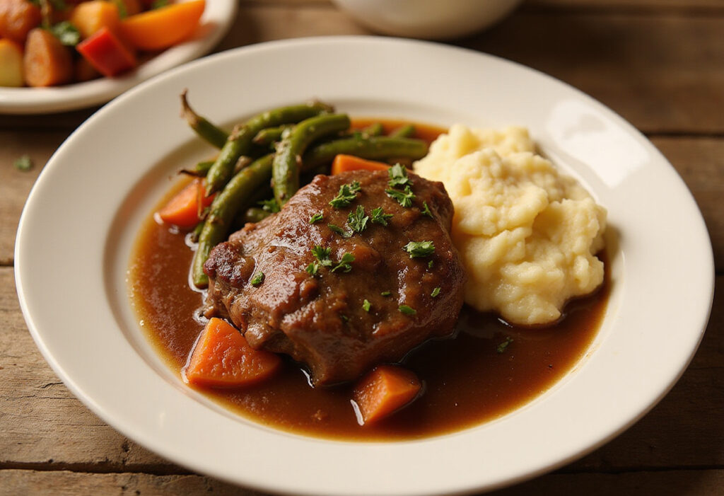 Finished braised beef shank served with mashed potatoes and roasted vegetables.