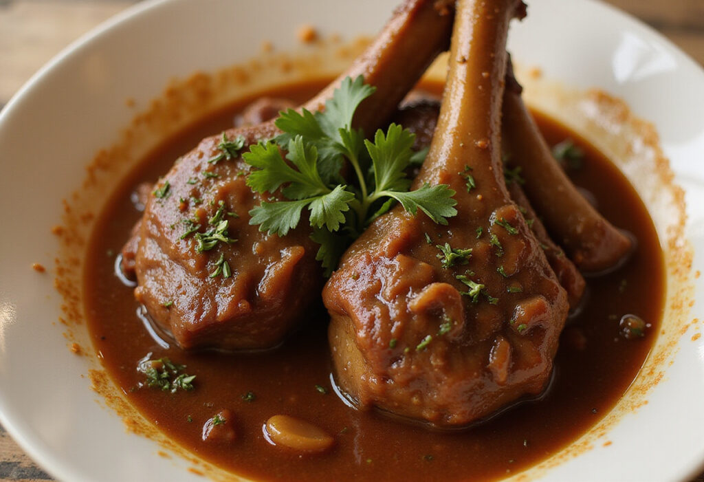 Deliciously slow-cooked beef shanks with gravy, showcasing their tenderness.