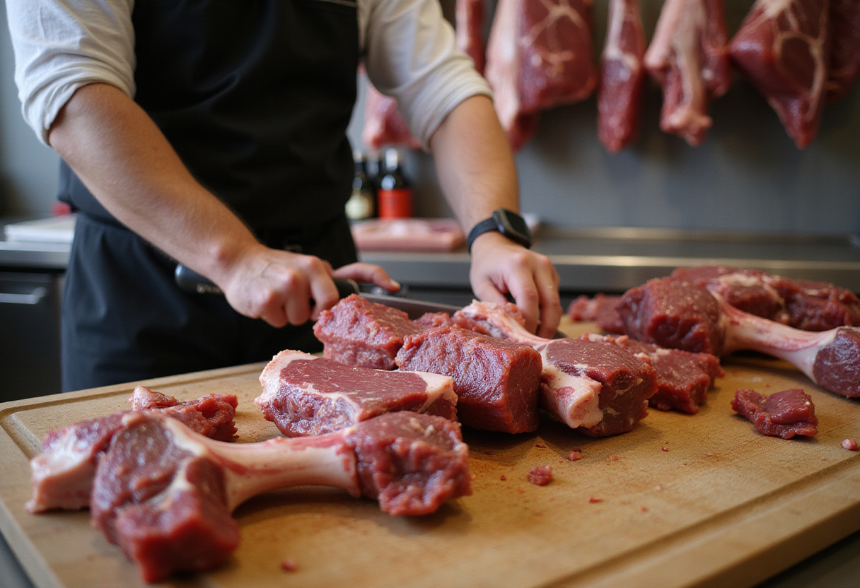 Fresh beef shanks being prepared by a butcher for potential slow cooking.
