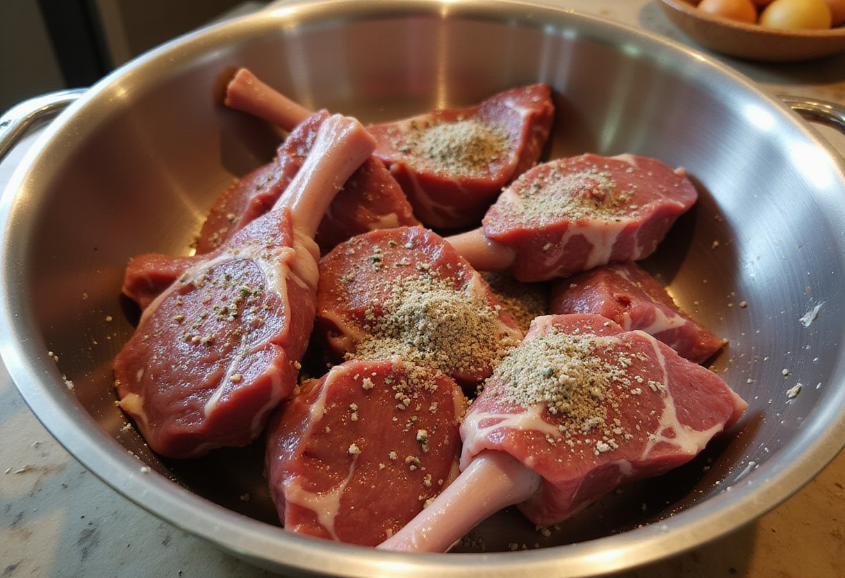 Seasoning beef shanks with spices before slow cooking.