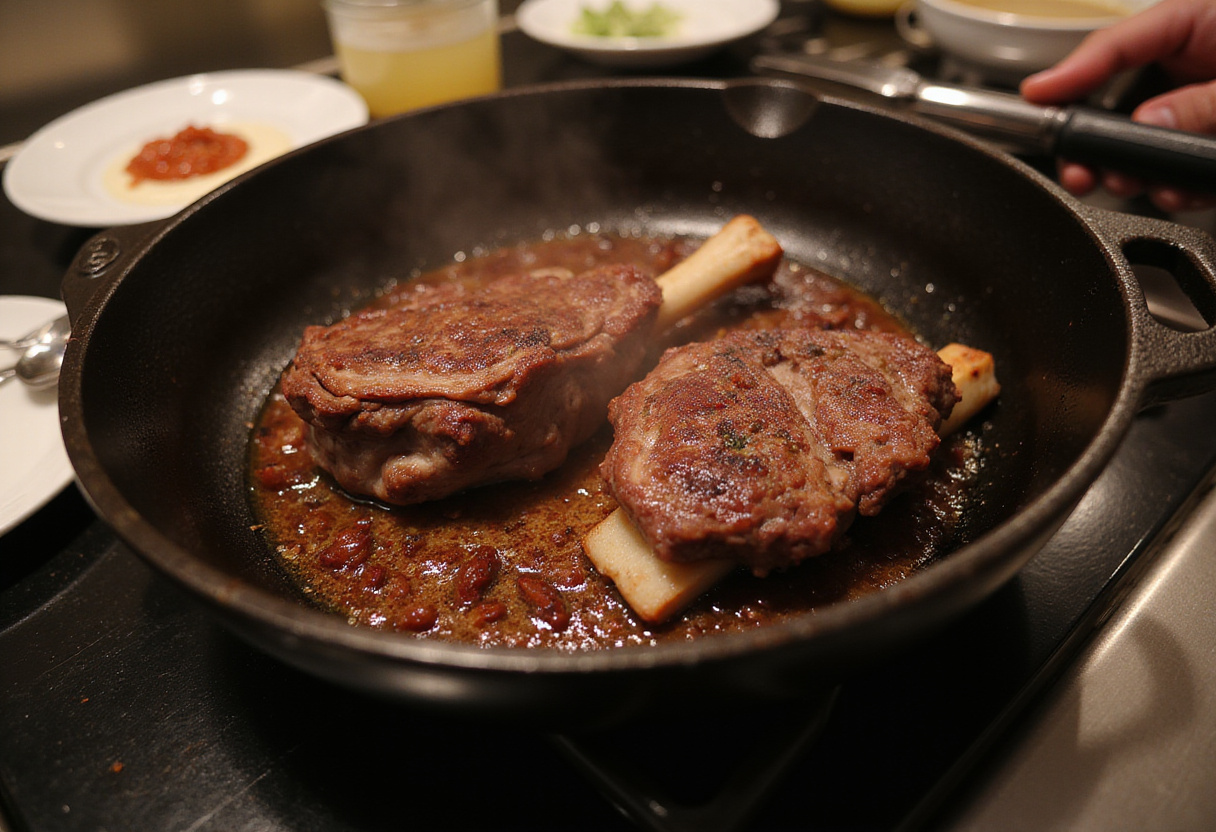 Searing beef shanks in a skillet to develop flavor for slow cooking.