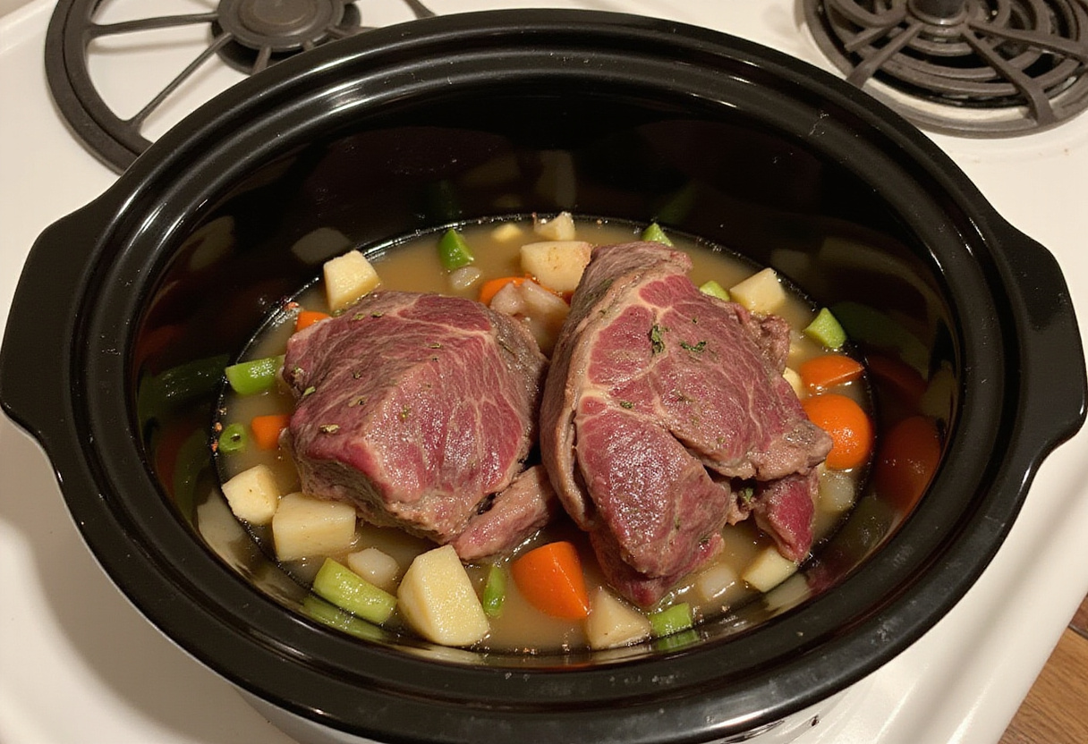 Beef shanks in a slow cooker with vegetables and broth for a long cooking process.