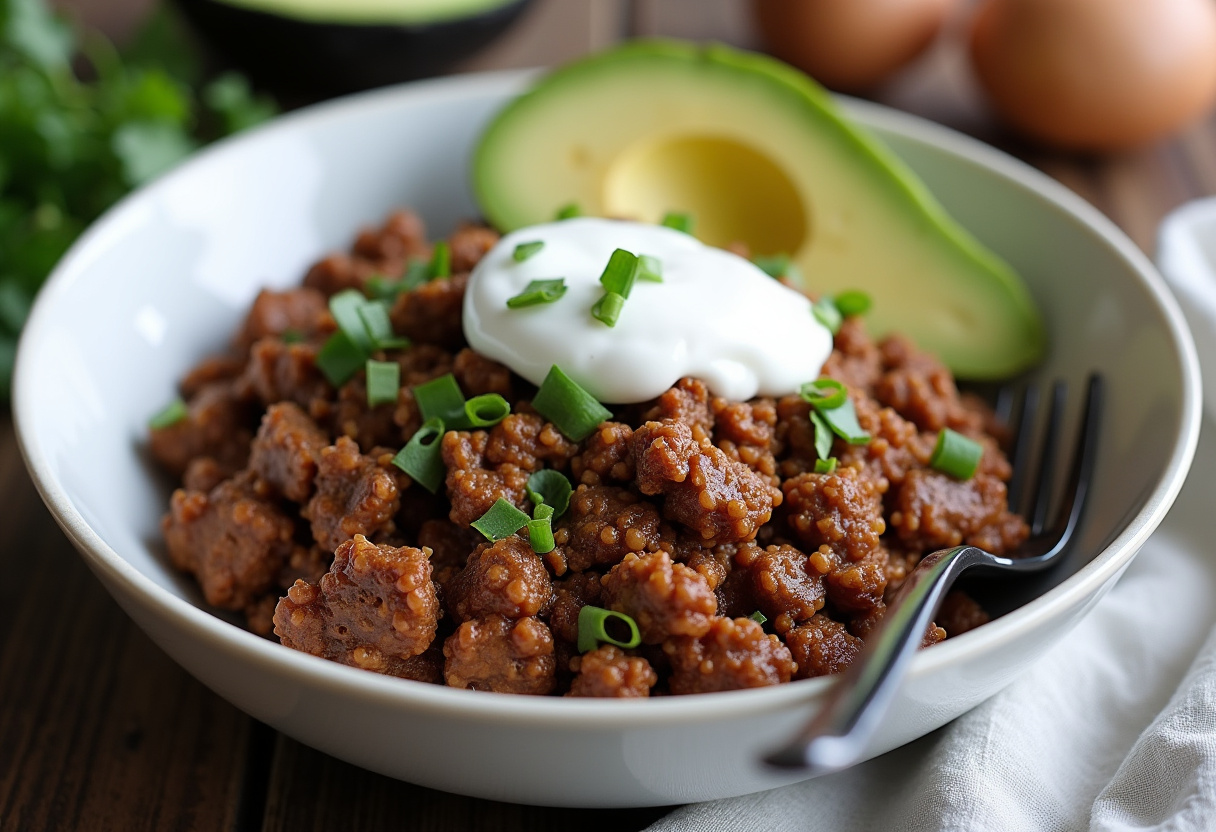 Delicious and healthy keto ground beef recipe with avocado and sour cream.