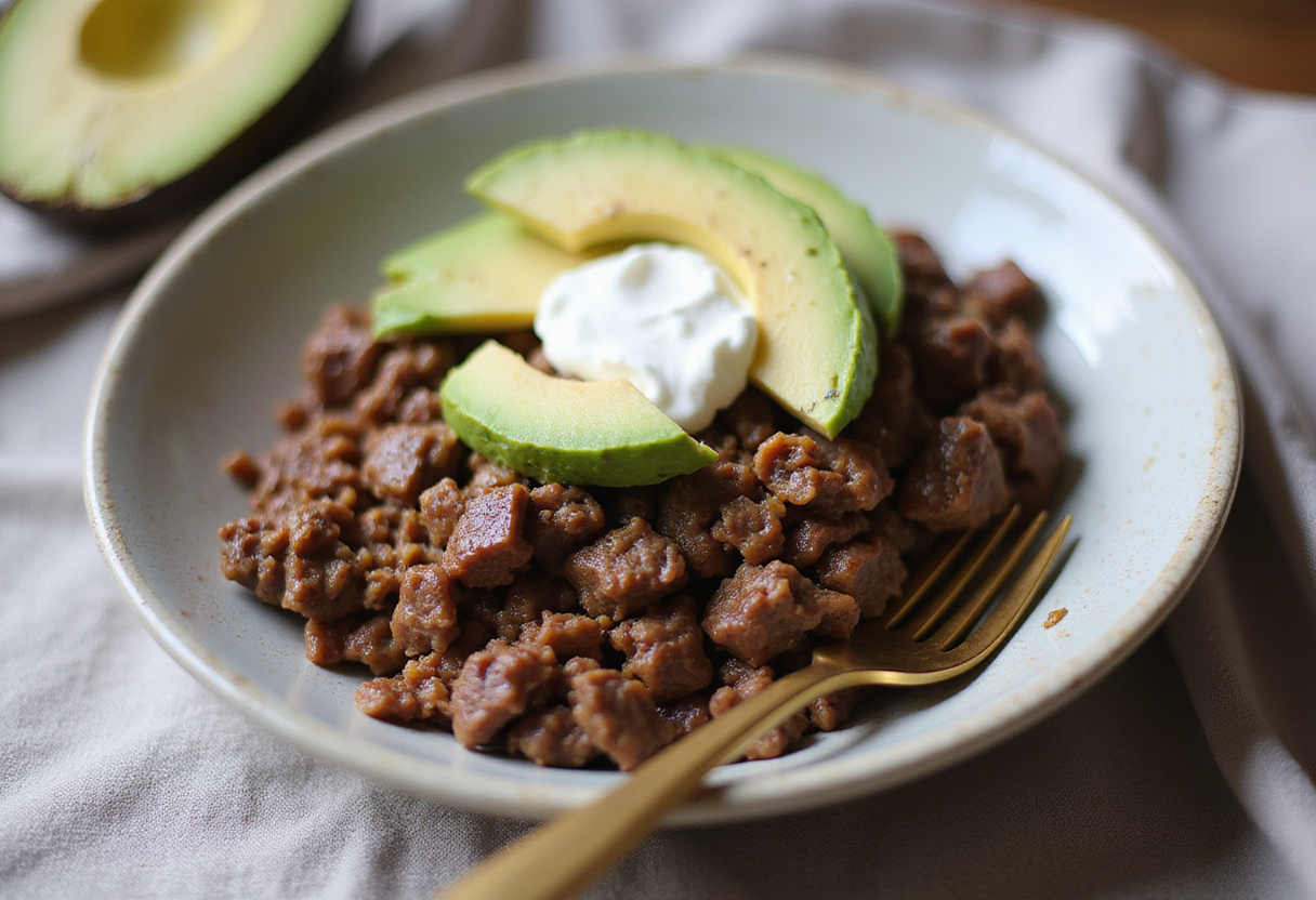 Delicious and healthy keto ground beef recipe with avocado and sour cream.