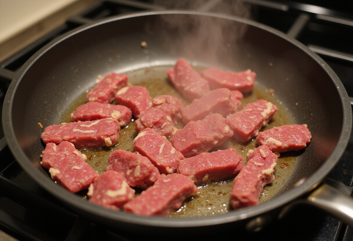 Ground beef browning in a skillet starting the keto ground beef recipe.