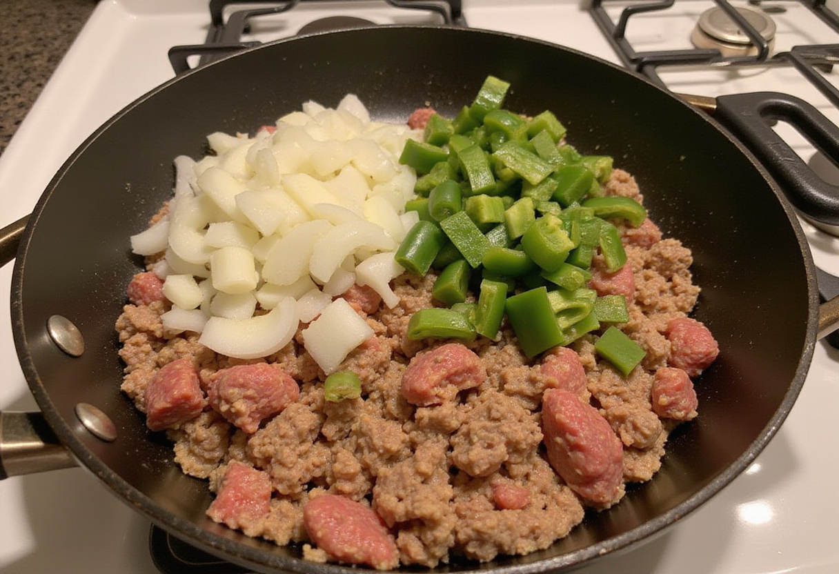 Onions and bell peppers being added to ground beef for a keto meal.