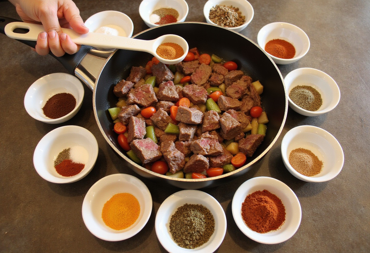 Measuring spices for keto ground beef recipe.