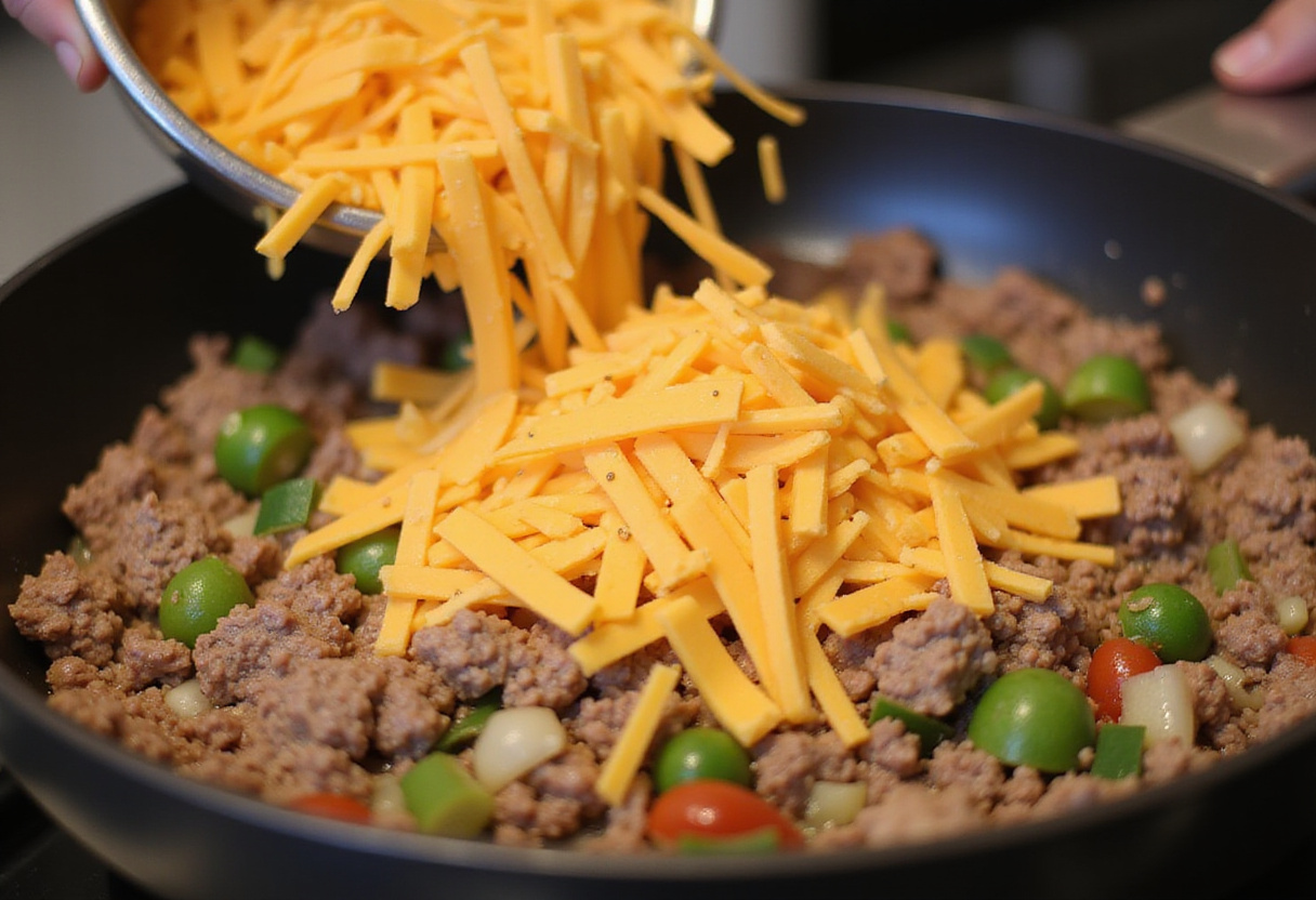 Shredded cheese melting on keto ground beef recipe.
