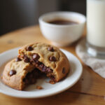 Delicious, warm mug cookie with chocolate chips served with milk.
