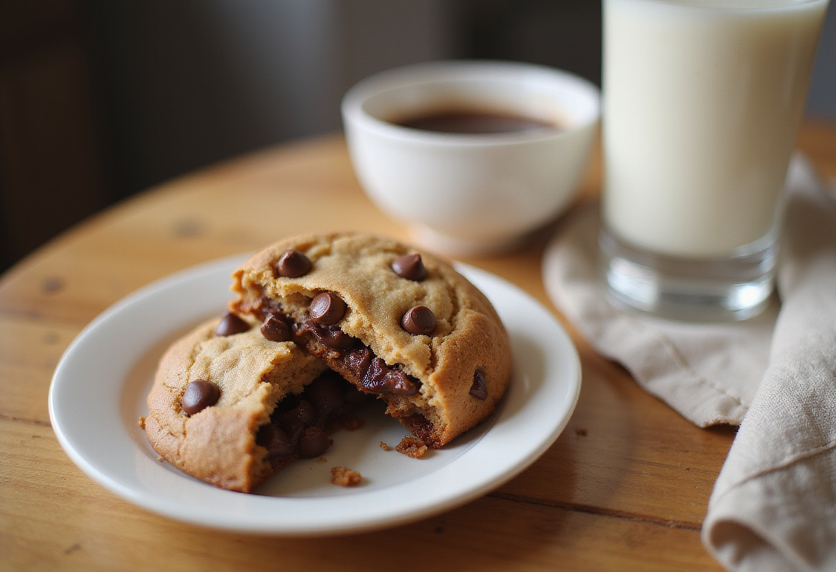 Delicious, warm mug cookie with chocolate chips served with milk.