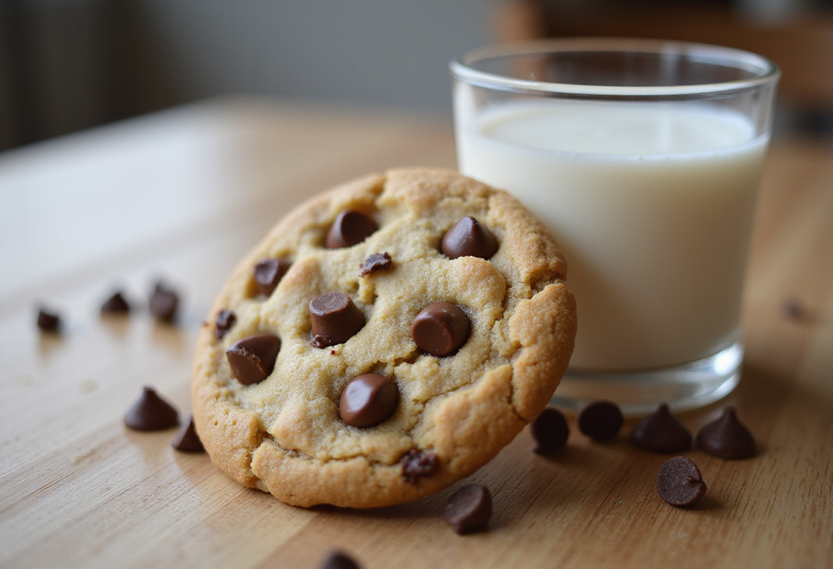 Delicious, warm mug cookie with chocolate chips served with milk.