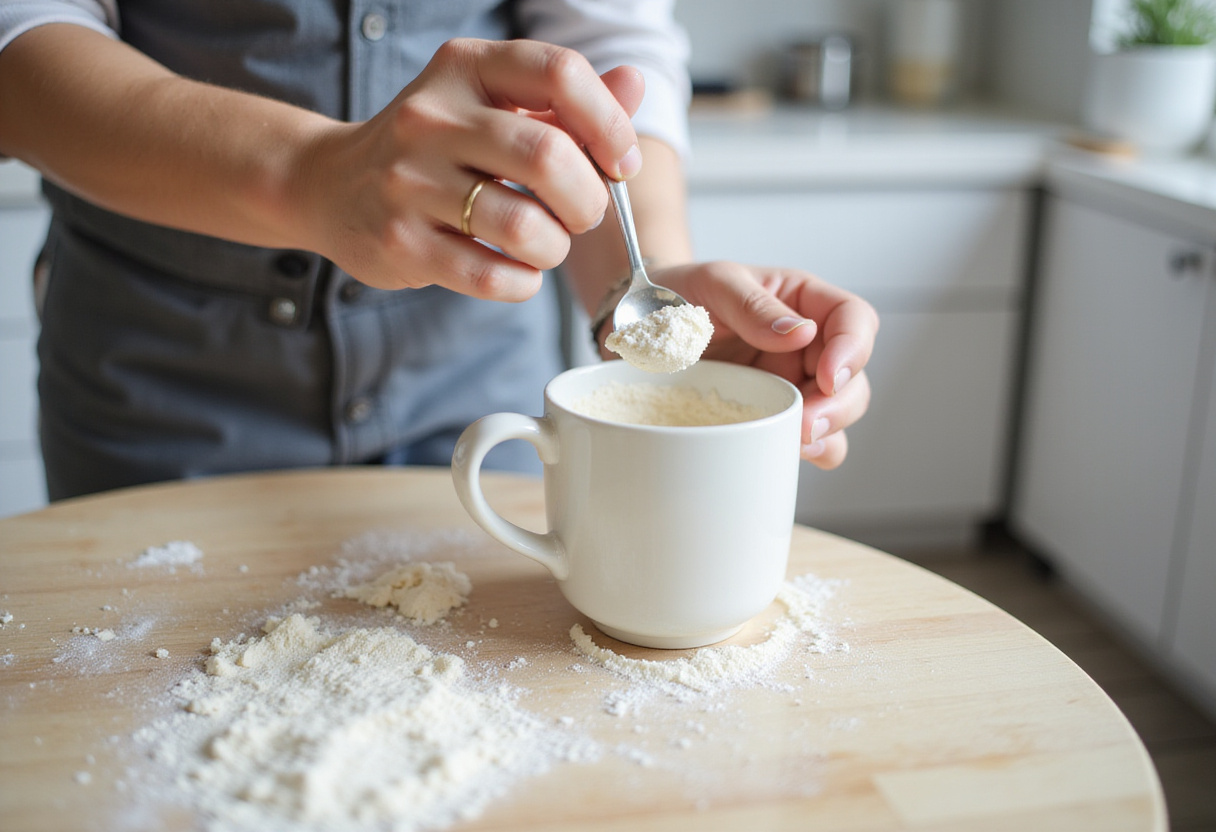 Measuring flour into a mug for a single-serving mug cookie.