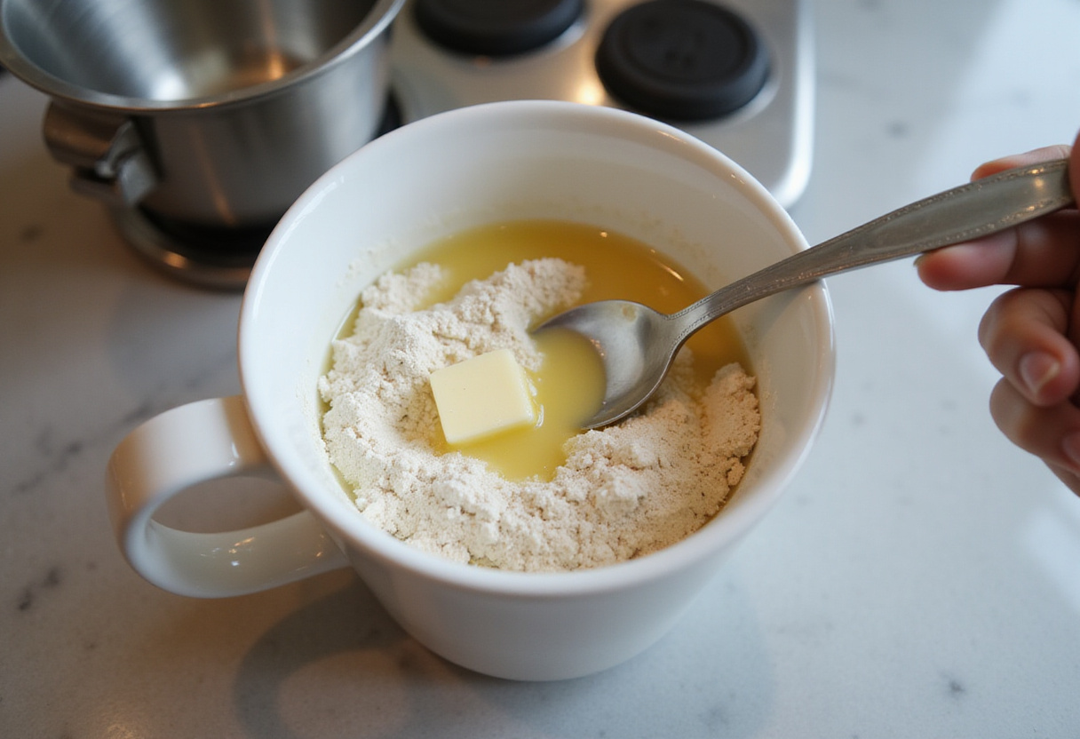 Mixing ingredients in a mug for a quick mug cookie.