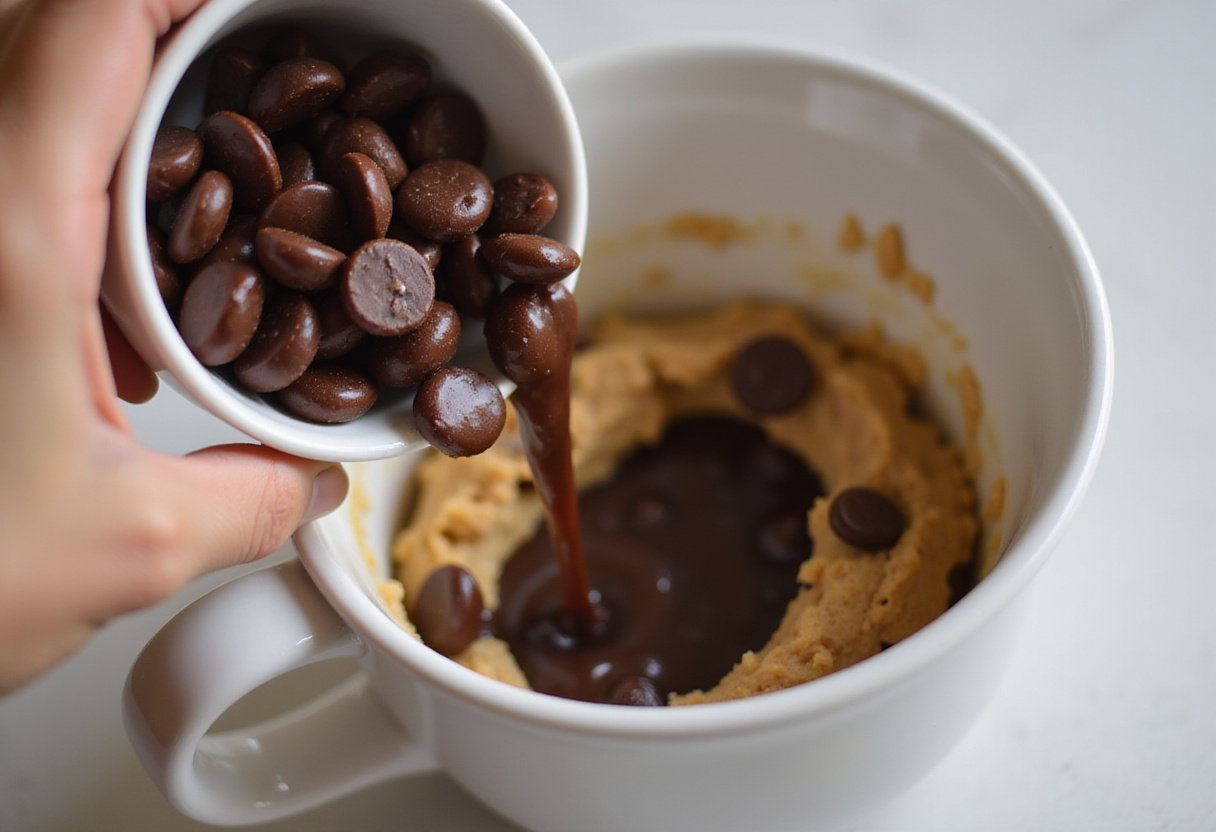 Adding chocolate chips to cookie dough in a mug for a delicious treat.