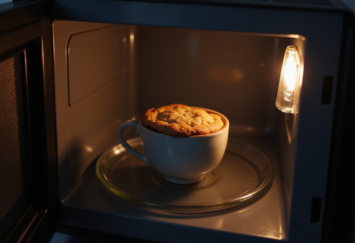 Microwaving a mug cookie for a fast dessert.