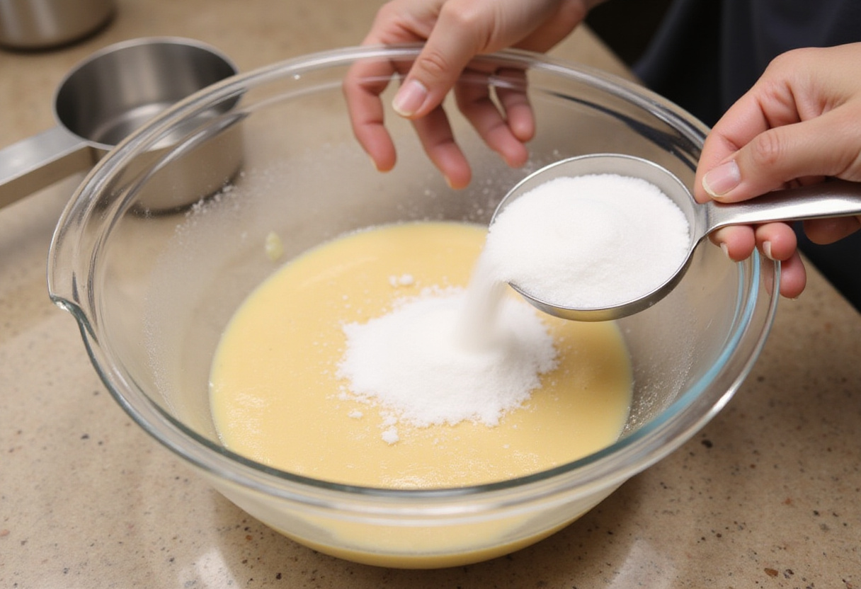 Granulated sugar added to almond paste to prepare Pignoli Cookie dough.