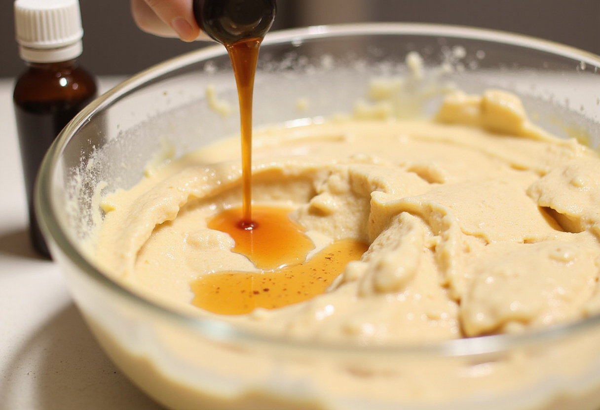 Vanilla extract being poured into Pignoli Cookie dough.